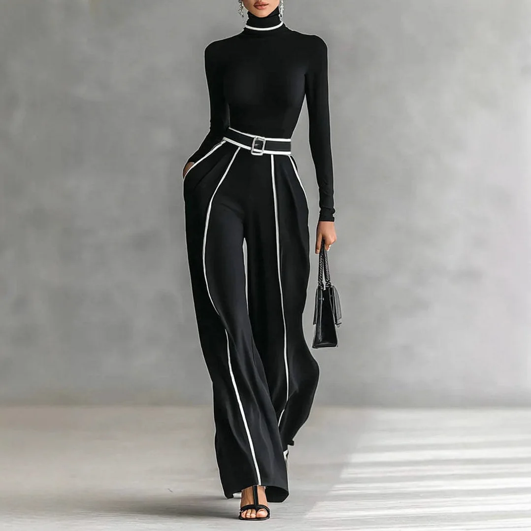 

Autumn Striped Print Patchwork Woman Overalls Elegant High Neck Slim Top Pullover & Wide Leg Trousers Suit Winter Outfit Suit