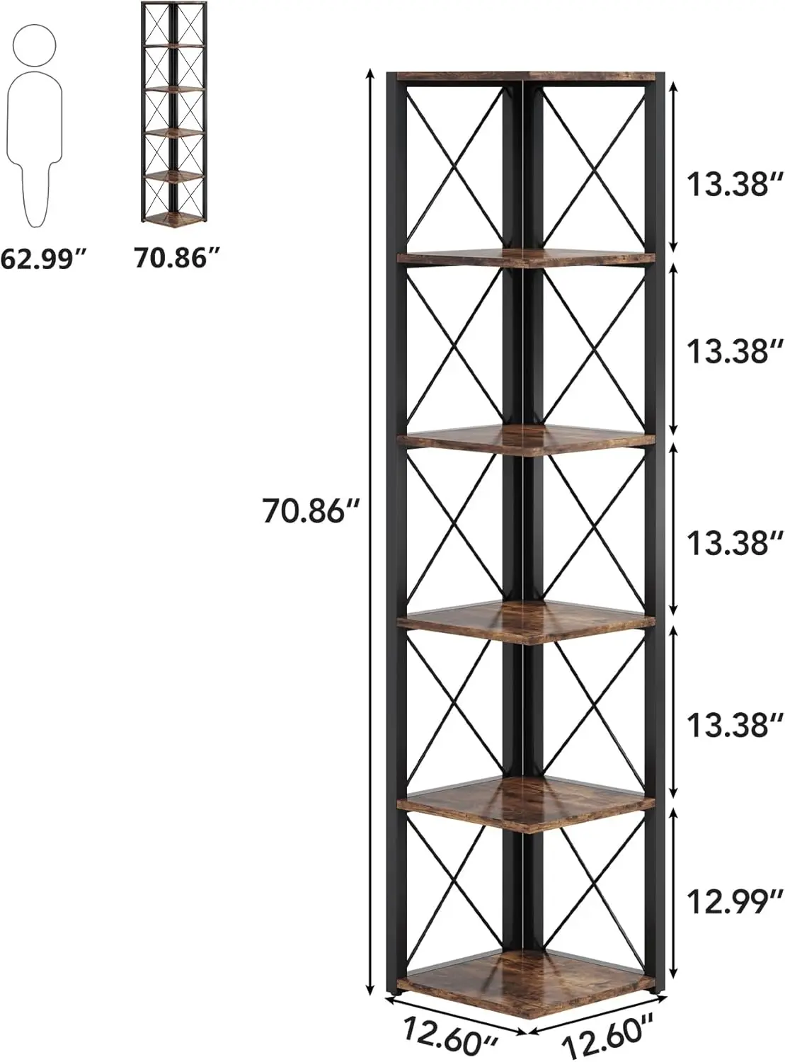 6-Tier Corner Shelf, 70.8 Inch Tall Rustic Corner Bookshelf Storage Etagere Bookcase for Living Room, Corner Display Rack Plant