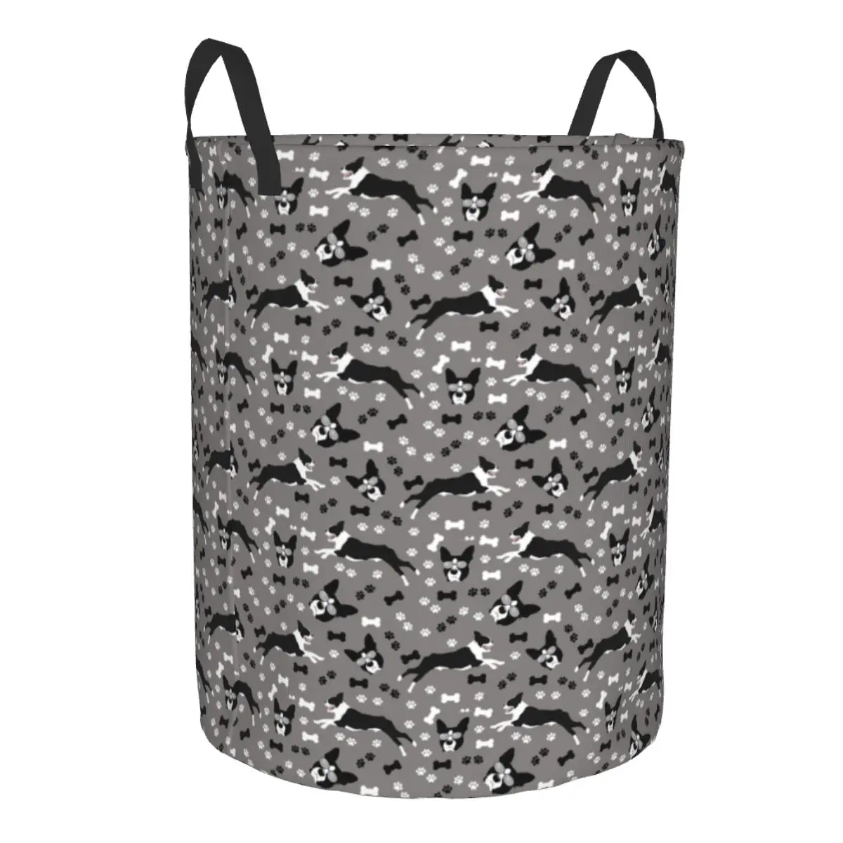 Boston Terrier Neutral Gray Pattern Laundry Hamper Large Storage Basket Dog Pattern Puppy Girls Boys Toy Organizer