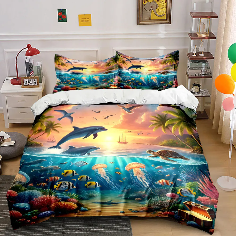 

Ocean-themed underwater scene. Print Bedding Set 1 Duvet Cover 2 Pillowcases for Adult and Children Luxury Gift Full Size