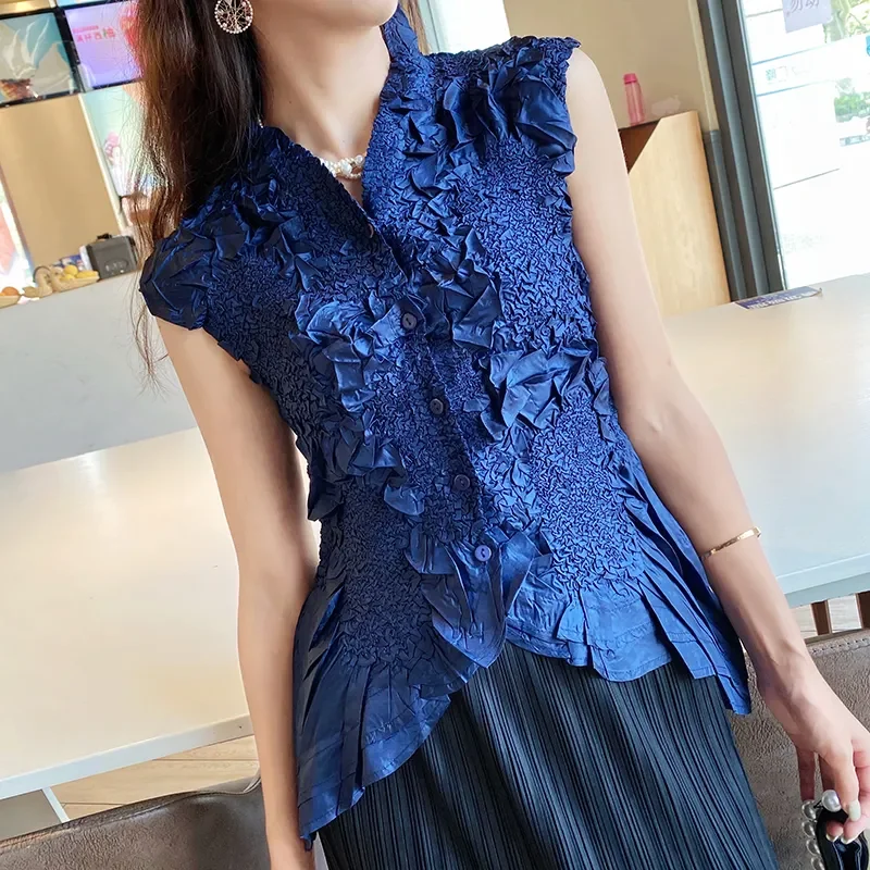 

Pleated shirt, women's embroidered embossed top, elastic slim fitting standing collar shirt, summer