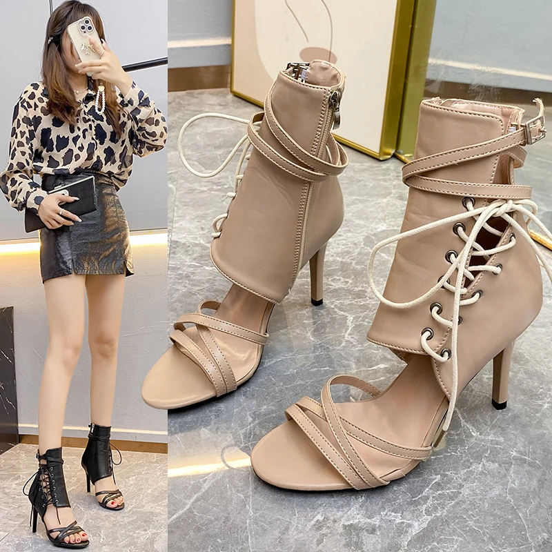 Women\'s Sandals Super-high Heels Ankle Boots Sexy Strip Pole Dance Shoe Wedding Peep-toe Sandals with Ties Ladies Shoes on Offer