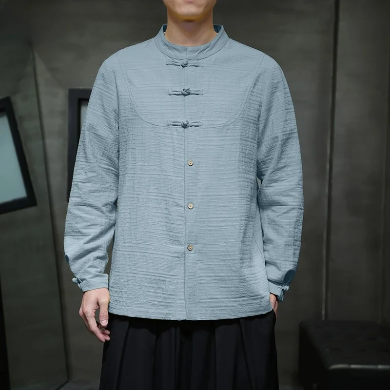 

New Chinese Style Cotton Linen Embroidered Retro Tang Suit Shirt Men Loose Buttoned Zhongshan Long Sleeve Casual Striped Tea ...