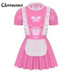 Mens Sissy Lolita Maid Cosplay Costume PVC Leather Crossdrssing Dresses with Apron Housekeeper Uniform Halloween Fancy Dress