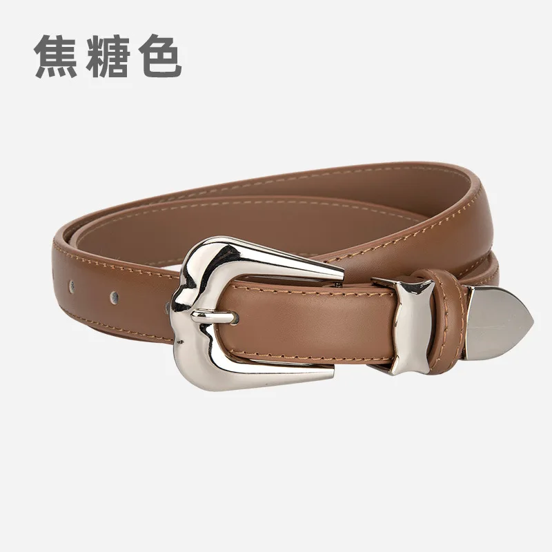 New retro high-grade silver buckle women's belt, genuine leather design, simple waist belt with jeans
