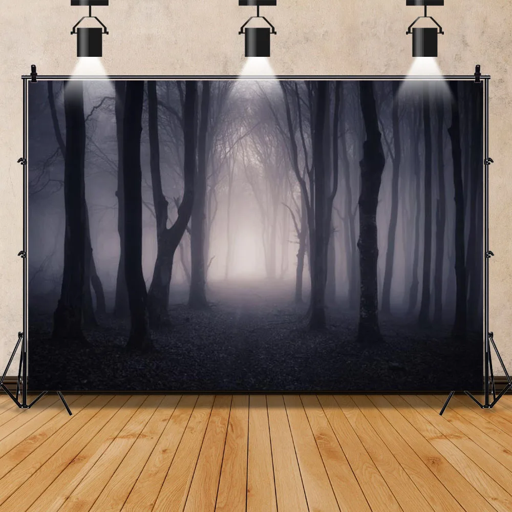 Misty Dark Forest Woods Halloween Photography Backdrop Gloomy Grove Magic Witch Wizard Sorcerer Ghost Horror Moon Background