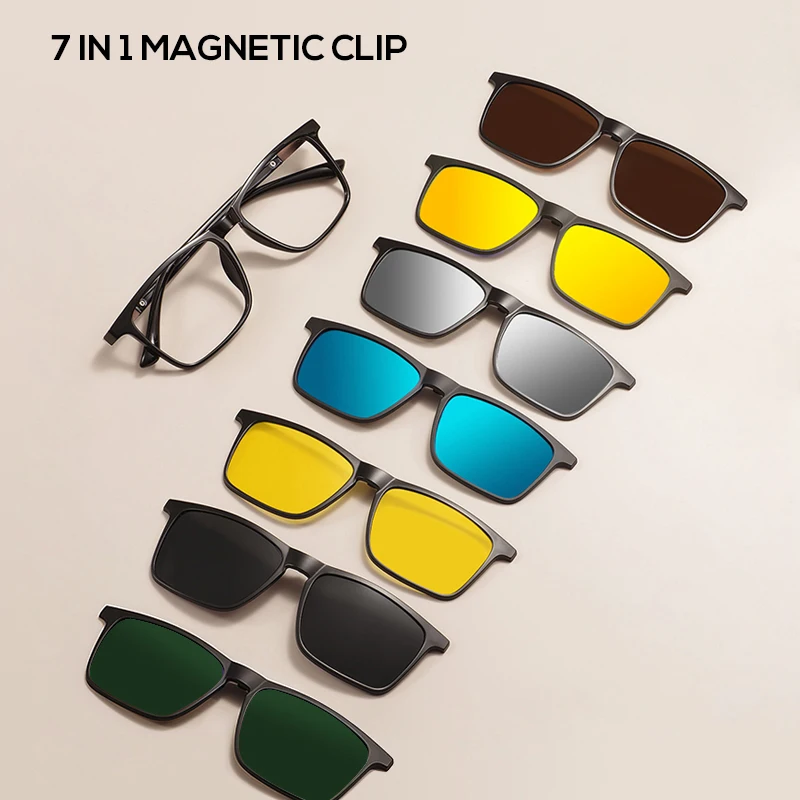 Men and Women Square Full Rim Glasses Frame Polarized Clip on Sunglasses With Colorful Clip Ons For Prescription Lenses