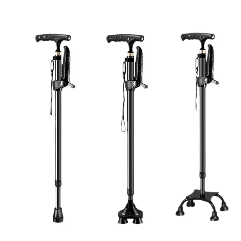 

Aluminum alloy magnet four-legged crutches with lights for the elderly