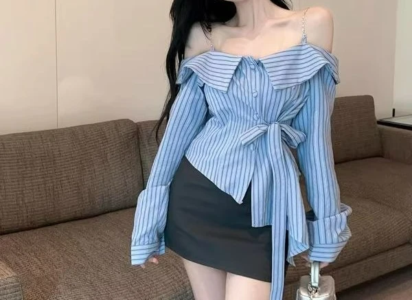 

Striped Collar Off-the-shoulder Blue Shirt Women's Autumn Irregular Lace-up Chic Bottoming Shirt Top