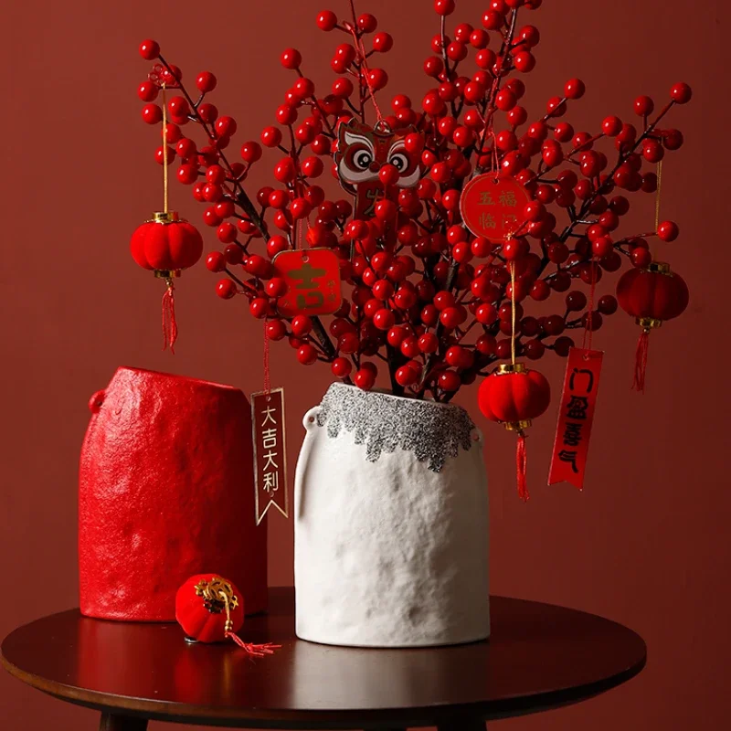 

Ceramic Vase High-Grade Flower Arrangement Holly Chinese Hawthorn Wedding Room Decoration Festive Floral Ornaments Light Luxury