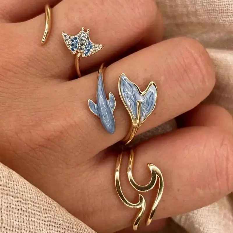 Lightweight Ocean Blue Fishtail Stacking Ring Adjustable Open Comfort Finger Ring for All Day Wear Birthday Gift