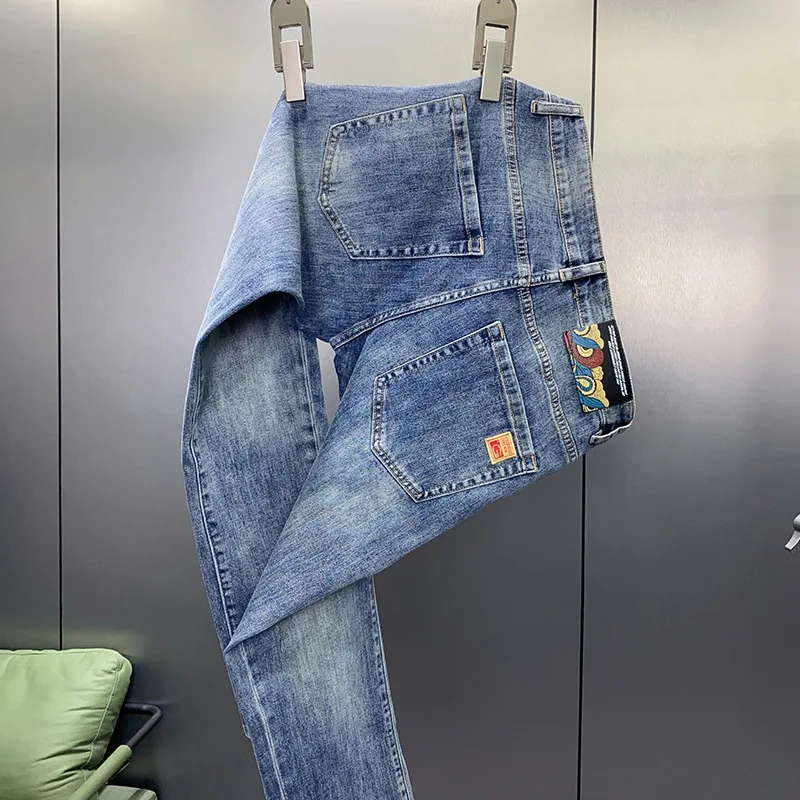 Pantalones vaqueros ajustados de alta gama para hombre, pantalones largos azules elásticos informales, simplicidad urbana, nueva marca de moda, 2024