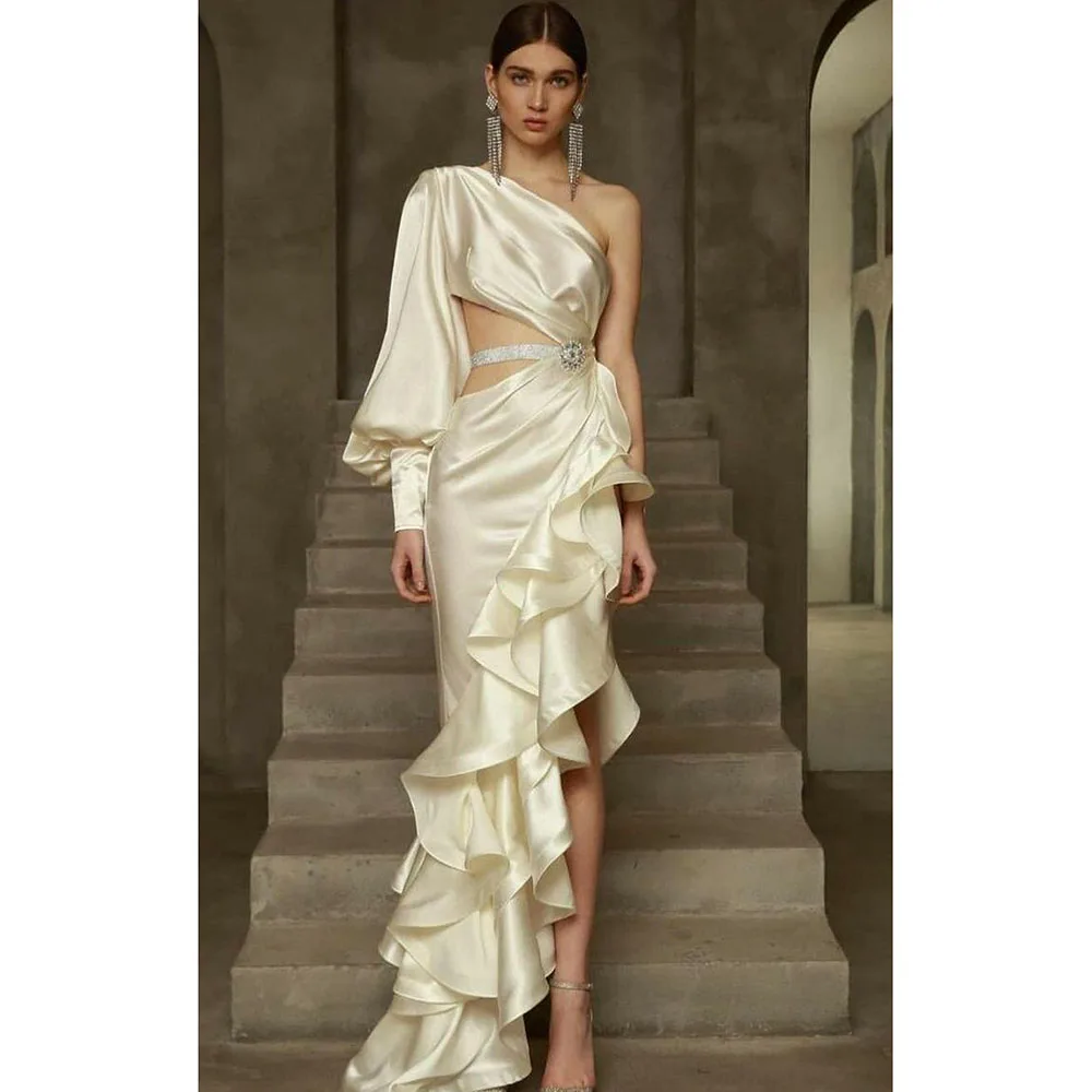 

White Elegant Evening Dress One Shoulder Asymmetrical High Quality Sleeveless Banquet Celebrity Hollow Out Female Gown Stylish
