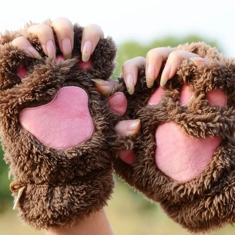 Winter Kunstpelz Handschuhe Frauen Bär Plüsch Katze Klaue Handschuhe Nettes Kätzchen Fingerlose Fäustlinge Weiche Plüsch Kurze Fingerlose Flauschige Handschuh