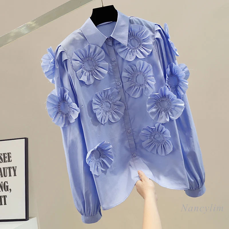 

Fashion Pleated Tridimensional Large Flower Decorative Lapel Blouses Women Single Breasted Shirt Loose All-Matching Blue Top