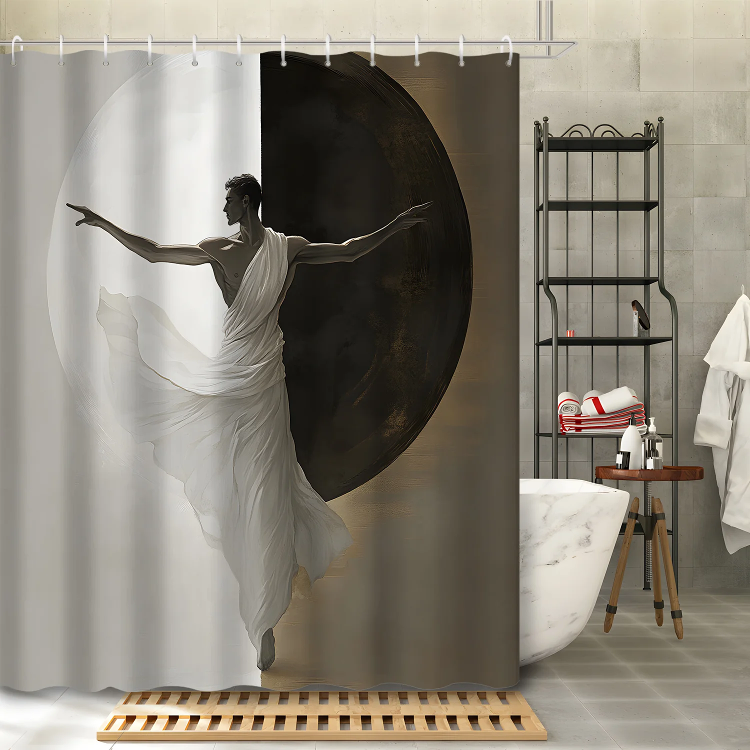 

1pc Black and White Half-Round Spliced Zen Yoga Figure Shower Curtain, Decorative Printed Bath Curtain with 12 Hooks, Bathroom