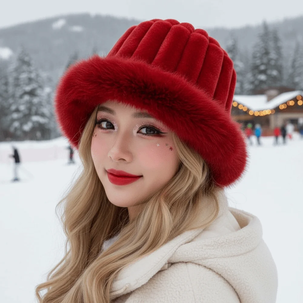 Vertical Texture Striped Fur Hat Faux Fur Brim Windproof Puffy Bucket Cap Thermal Insulation Fleece Lining Trapper Hats Camping