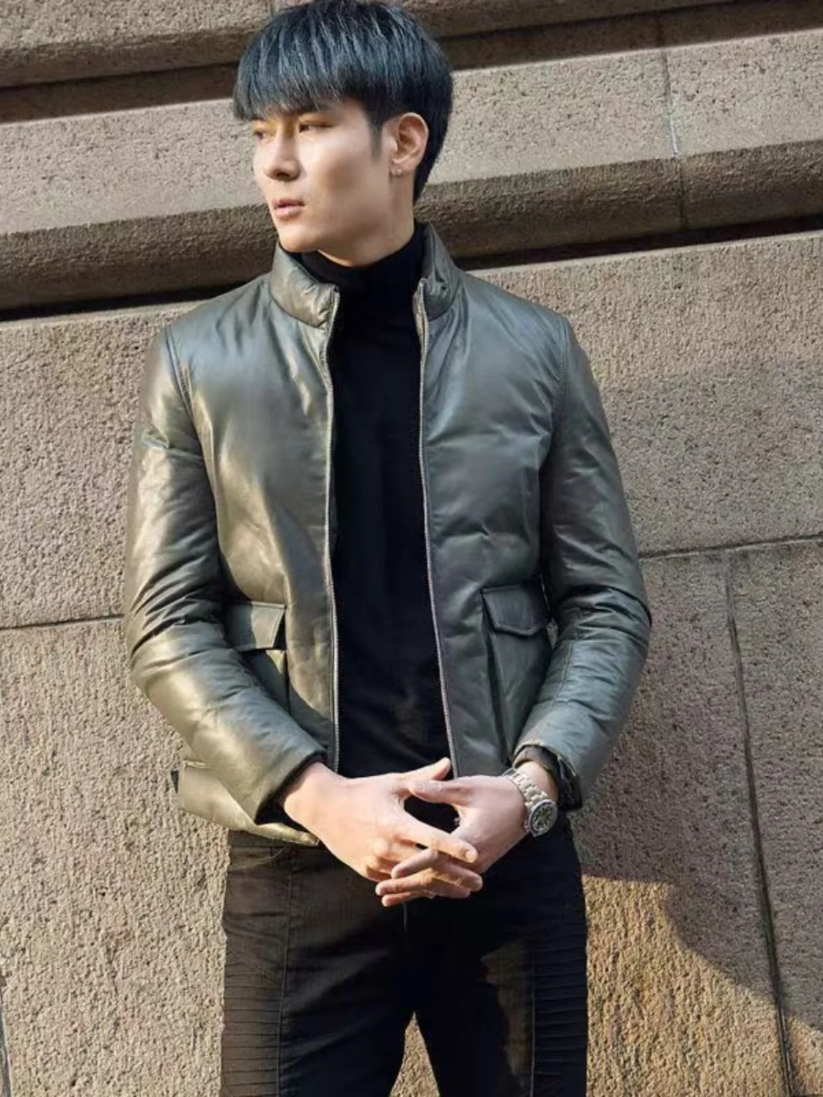 

Мужская куртка из искусственной кожи, теплый хлопок, модный воротник-стойка, приталенный крой, простой дизайн, зимнее новое поступление, корейская версия