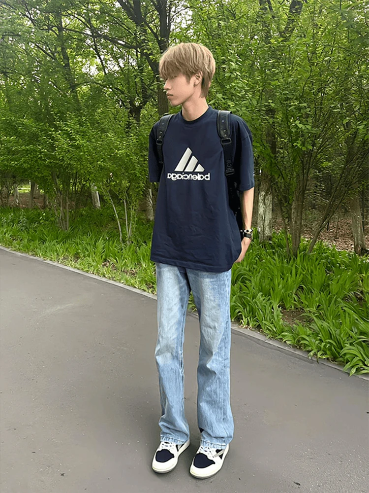 

Light Blue Elastic Men's Jeans High Street American Sle mat Tall Straight Leg Micro Flared Pants Youth Trend Cotton ...