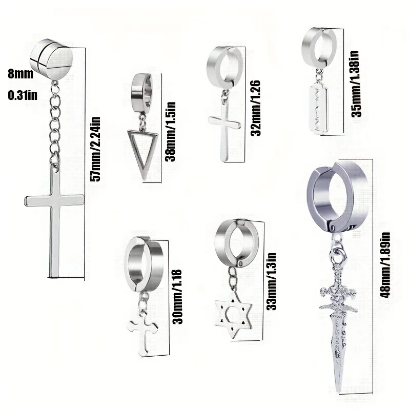 2pcs Fashionable Stainless Steel No Ear Holes Cross Ear Clip Non-Piercing Tassel Star Blade Earrings Jewelry for Men Women