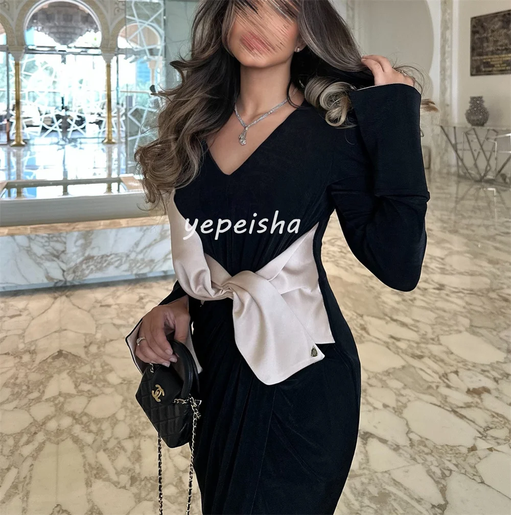 Customized Sizes Available Matching Jersey Pleat Bow Straight V-neck Long Dresses Bespoke Occasion Dresses Exquisite Elegant image 6