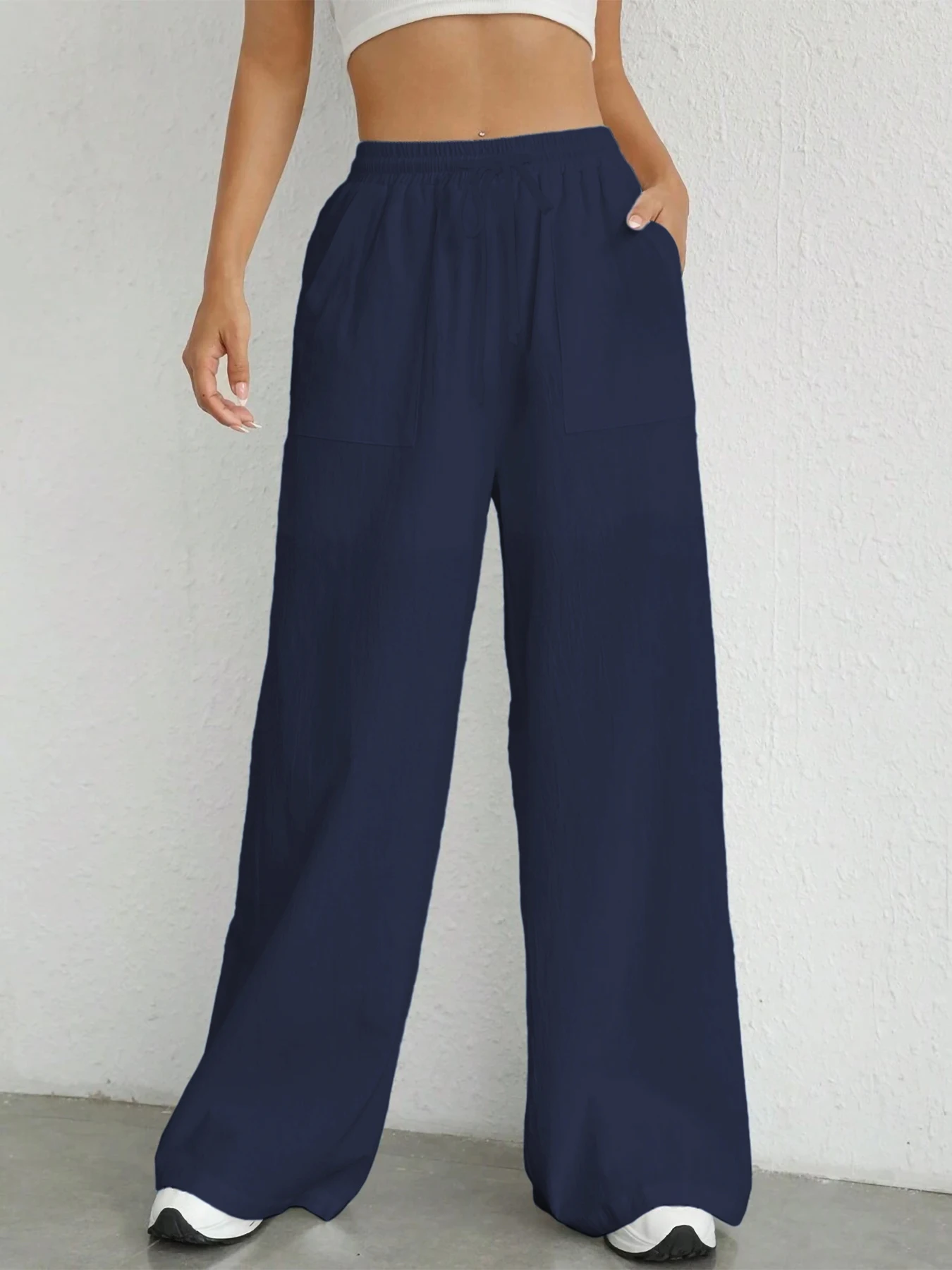 Damen-Hose in Unifarbe, lockere Hose mit weitem Bein, lässige Hose mit Kordelzug, gerade Hose mit Taschen, lässige Hose, lockere Hose mit hoher Taille – Detail 5