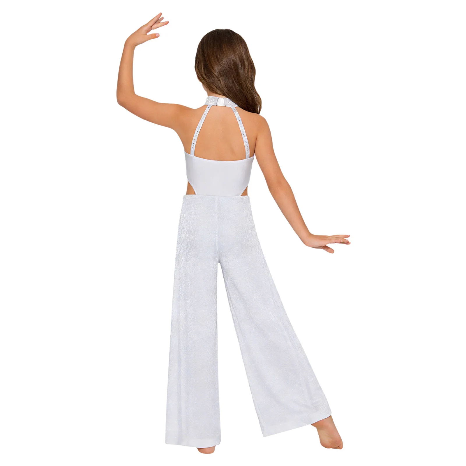 

Girls Gymnastic Ballet Lyrical Dance Costumes Kids Shimmery Dance Jumpsuit Halter Ruched Mesh Rhinestones Wide-Leg Bodysuit