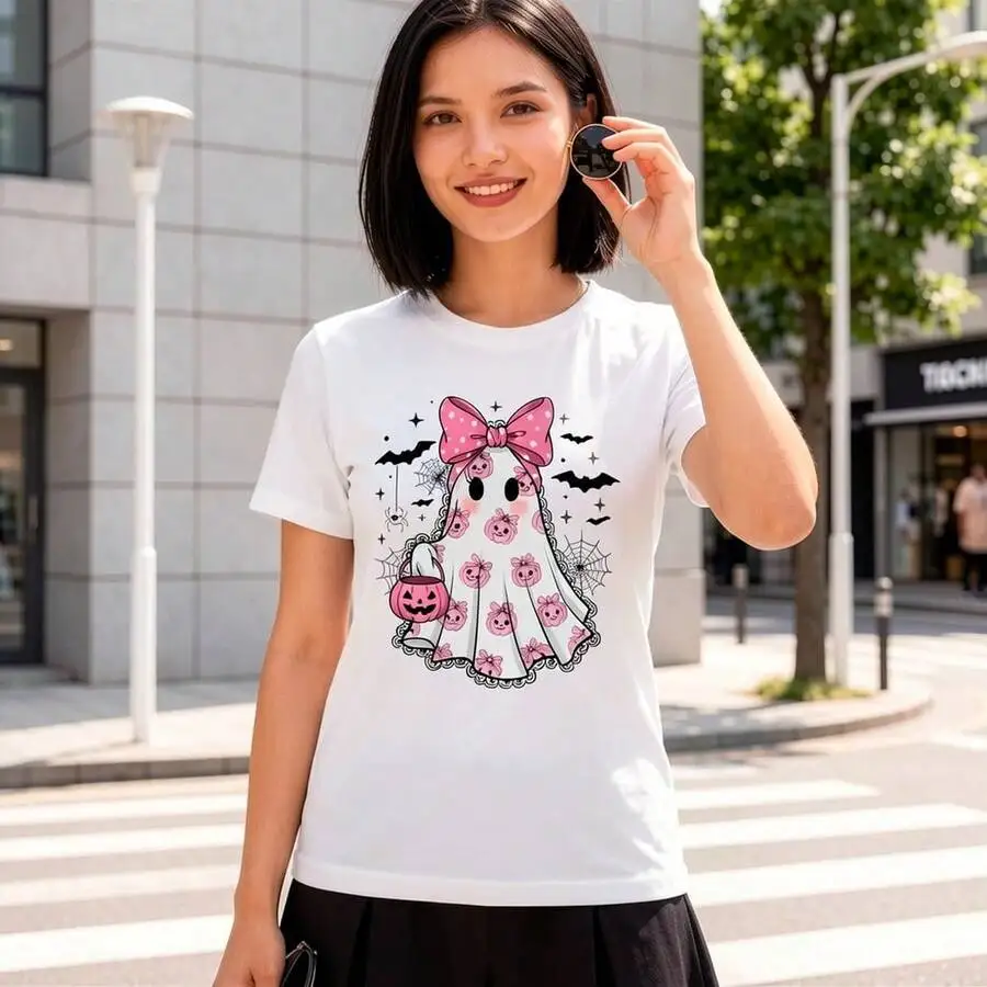 Women Trendy Girly Pink Ghost Crewneck Sweatshirt Slightly Stretchy Halloween Casual Pullover Everyday Wear Top