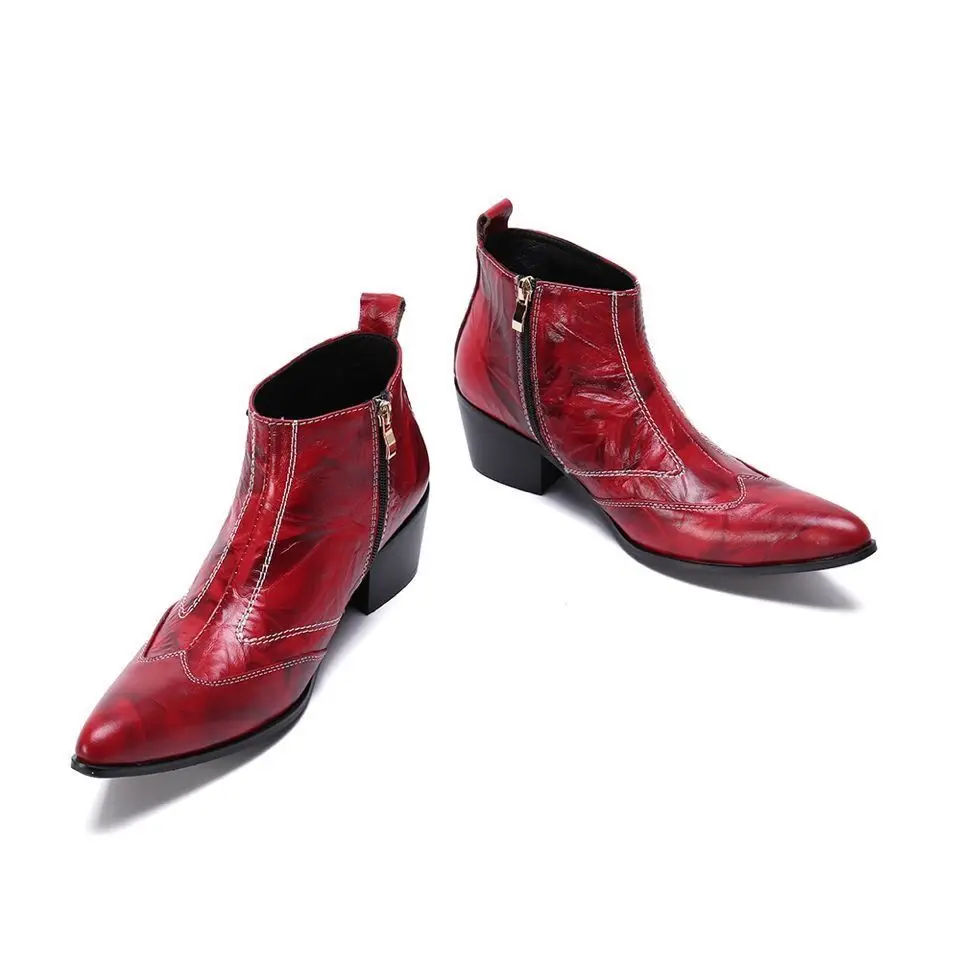 Wine red pointy Genuine Leather Men Ankle Boots Heels Men Boots Pointed Toe Party and Wedding Footwear leather boots