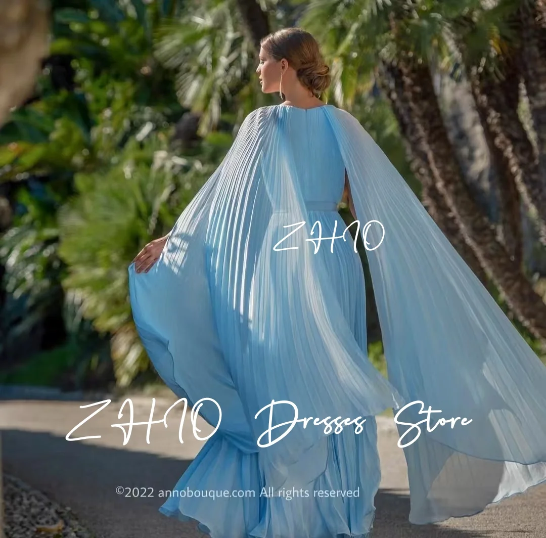ZHIO Elegant Blue Evening Dress with Jacket A-Line Pleat Floor Length Chiffon Formal Occasion Wedding Party Gown Customized