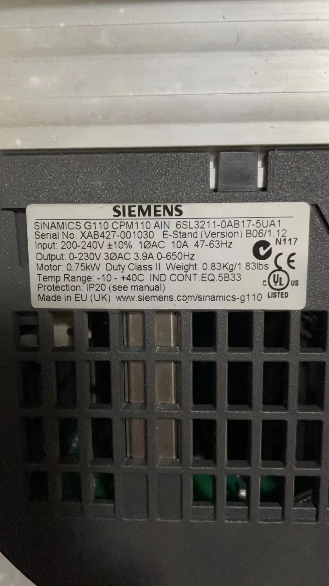 Imagem -04 - Usado Testado ok Sinamics G110-cpm110 ac Drive 6sl3211 0ab17 5ua1 6sl32110ab175ua1
