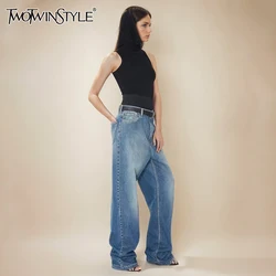 TWOTWINSTYLE Solid Spliced Pockets Denim Pant For Women High Waist Minimalist Loose Designer Chic Jeans Female Fashion Style New