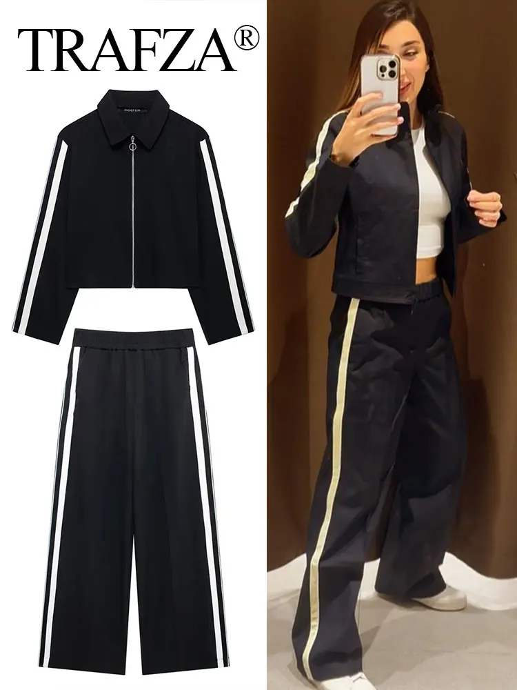 TRAFZA 2024 Autumn Woman Trousers Suits Solid Lapel Zipper Jacket Top + Elastic Waist Wild Commute Female Wide Leg Long Pant