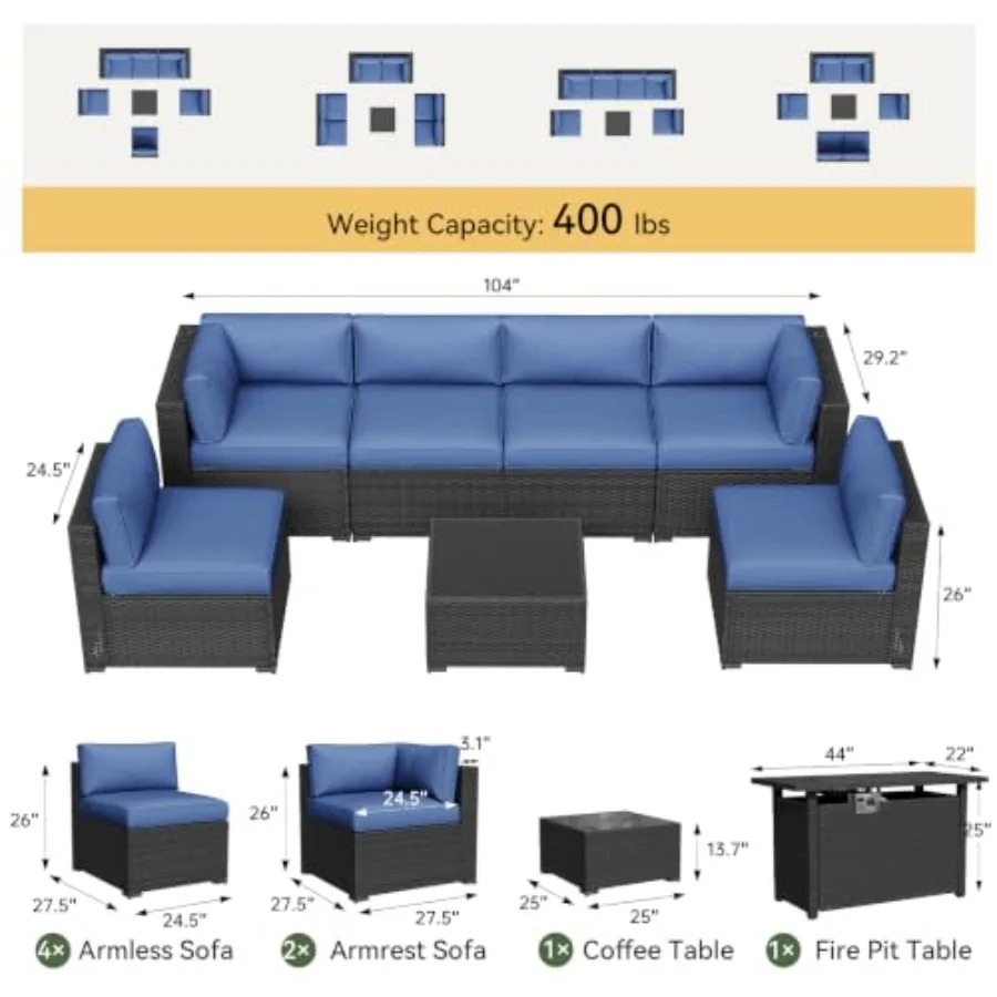 Patio Furniture Set with Fire Pit Table, Outdoor Sectioanl Sofa