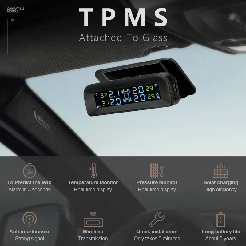 Srnubi Solar Power TPMS Tire Pressure Monitor System Automatic Brightness Control Glass wireless 4 Sensors Decoration Accessory