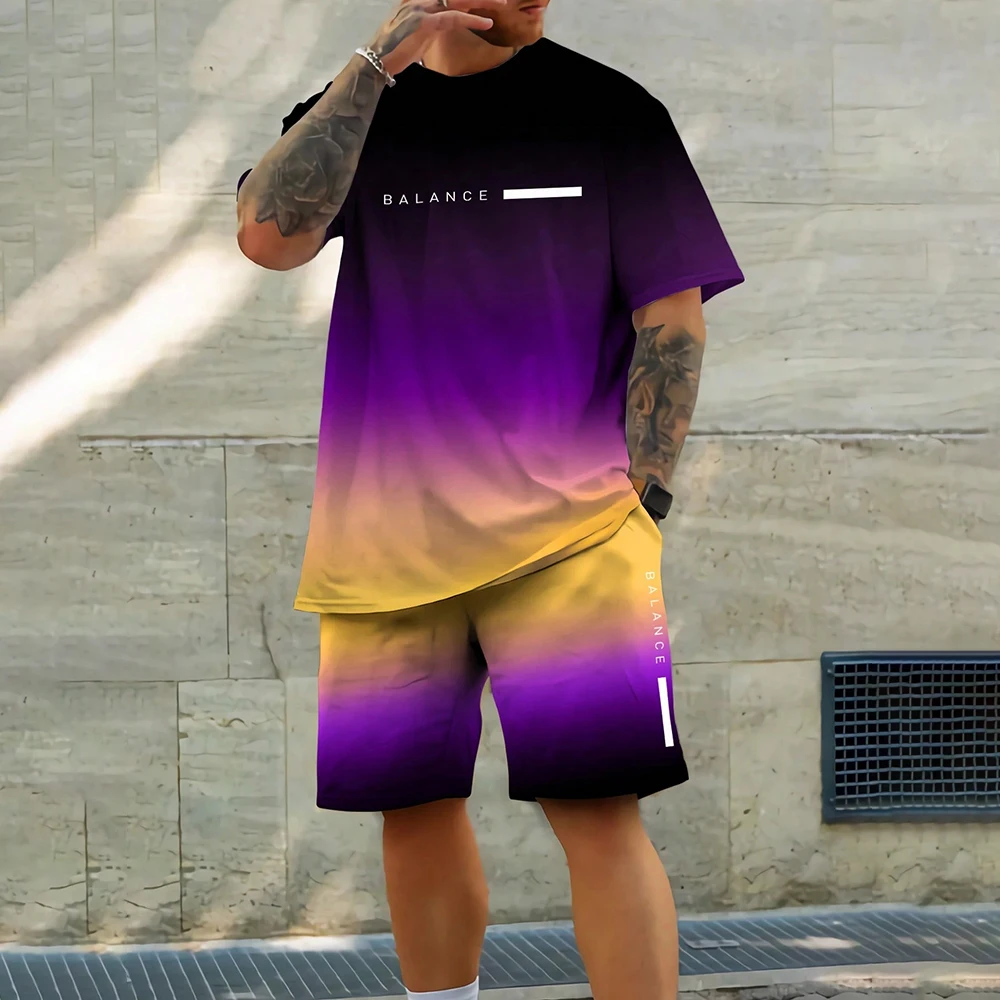 2026 الصيف التدرج اللون ثلاثية الأبعاد تي شيرت والسراويل 2 قطعة مجموعة في الهواء الطلق تنفس ملابس قصيرة الأكمام الركض اللياقة البدنية ملابس رياضية