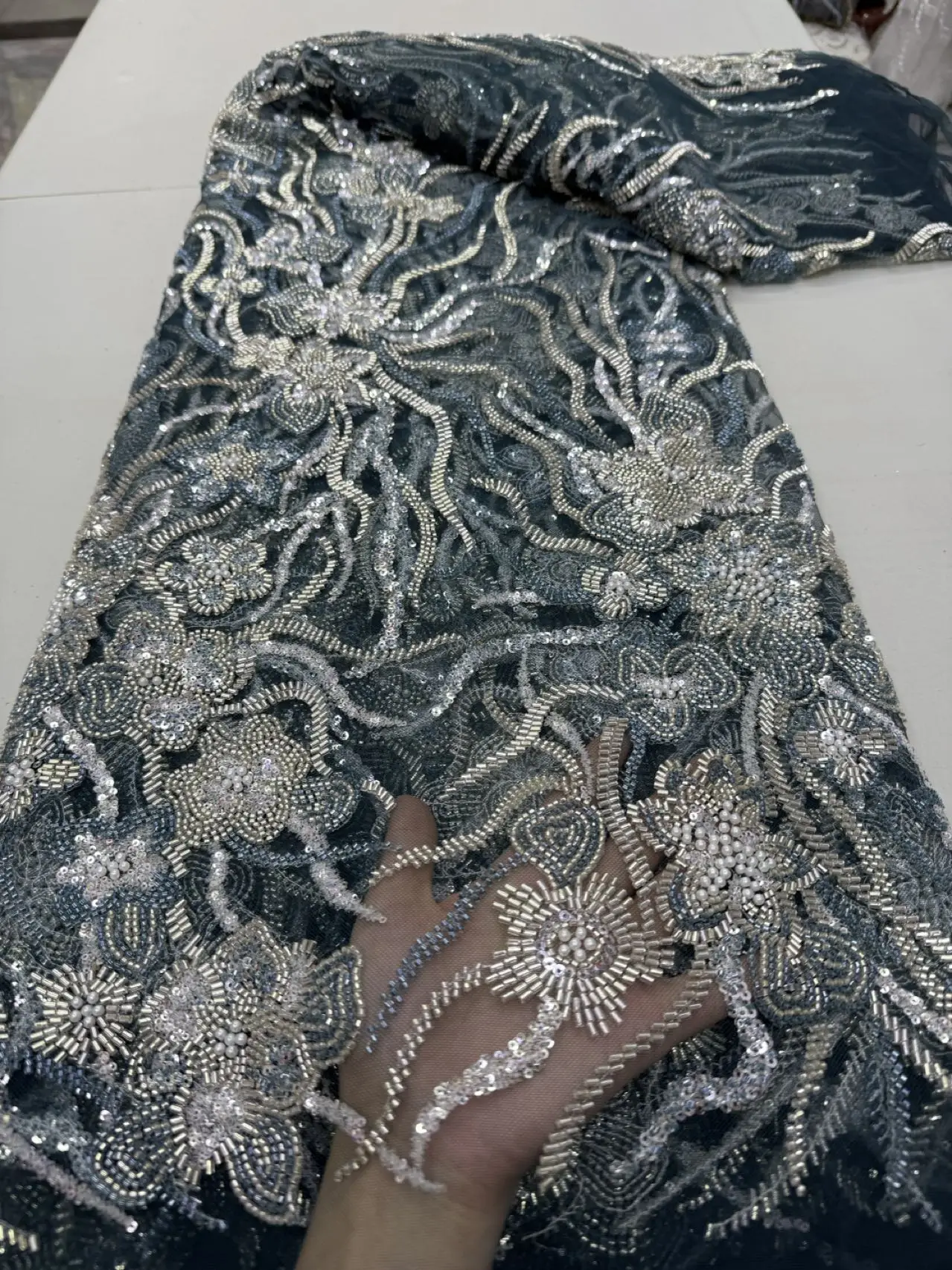 

African Beaded Mesh Lace Fabric,For Sewing,Clothes,Sequin,Tulle,Wedding Dresses,Embroidery,Fabrics By The Meter,Crafts,5 Yards