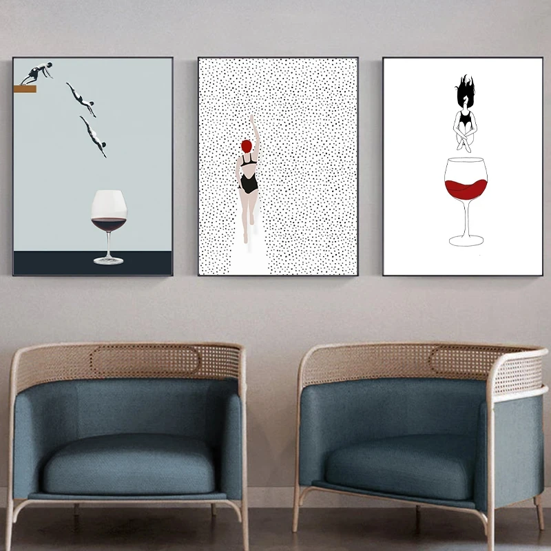 Abstract Woman Jumping Wine Glass Art Poster Diving Swimming Wall Art Picture Canvas Print Painting Living Room Decor Home Decor