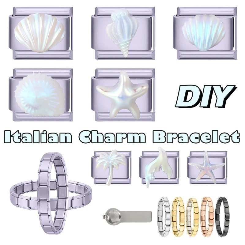 Purple Ocean Series Conch Shell Pearl Dolphin Fishtail Italian Charm Links Fit 9MM Stainless Steel Bracelet Jewelry DIY Making