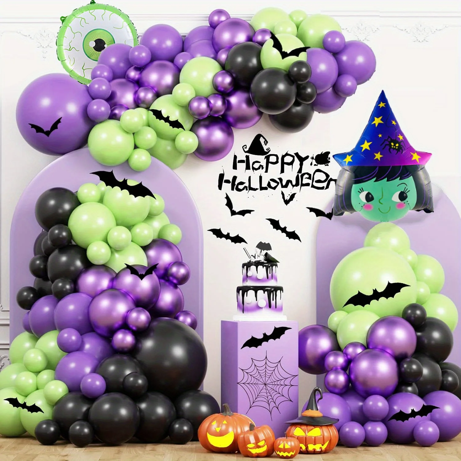 127-teiliges Halloween-Ballonbogen-Set mit Hexenform und grünen Augen, Aluminiumfolienballons, geeignet für Halloween-Party-Dekoration