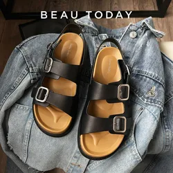 BeauToday Casual Sandals Women Cow Leather Flats Double Buckles Back Strap Summer Beach Ladies Shoes Handmade 34548