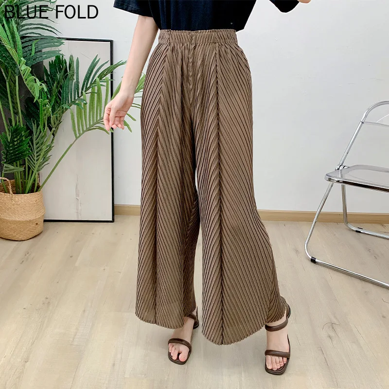 

MIYAKE-Pleated High-waisted Wide-Leg Pants for Women, Thin Straight Trousers, Casual, Summer, New,