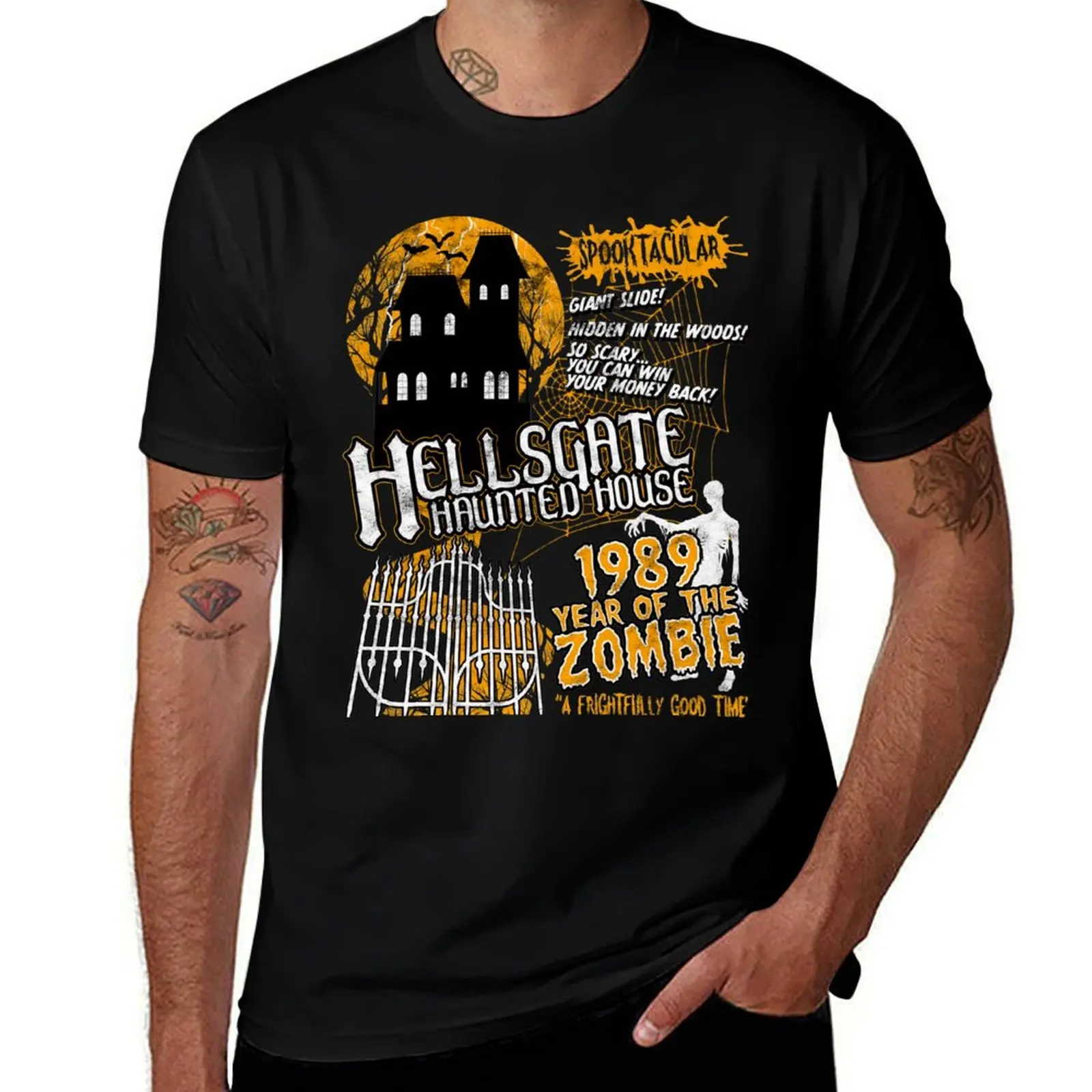 

HellsGate Haunted House Retro Style T-Shirt man t shirts for men casual anime t shirts for man man t shirt heavy cotton T-Shirt