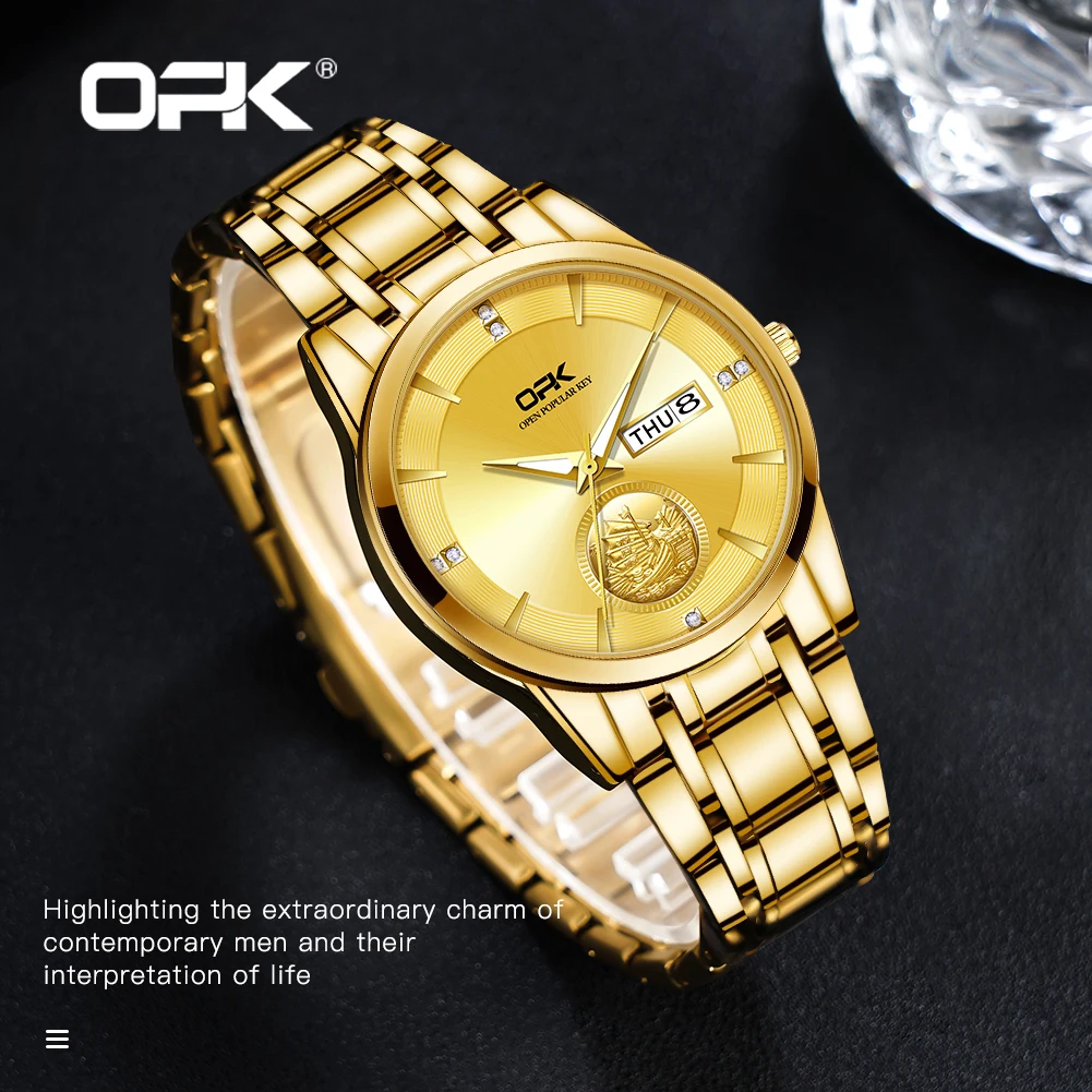 OPK 8131 Classic Luxury Gold Quartz Movement Watch Flash Dial HD Luminous Waterproof Calendar Window Steel Strap Watch Men