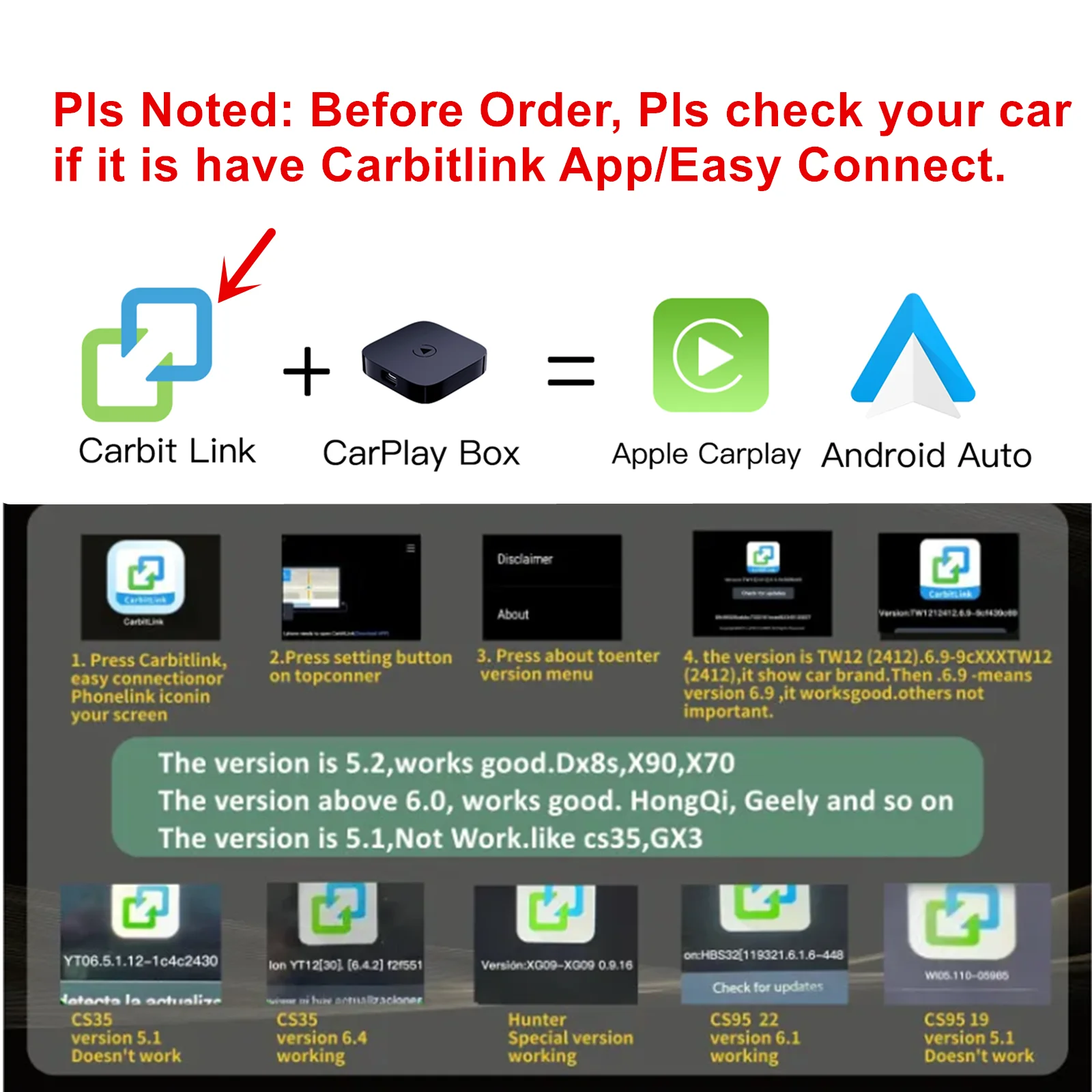 CARABC Carbitlink to Wireless CarPlay Car Navigation Smart Car Carbit Link For Baic X55 Geely Jetour Changan Chery DongFeng
