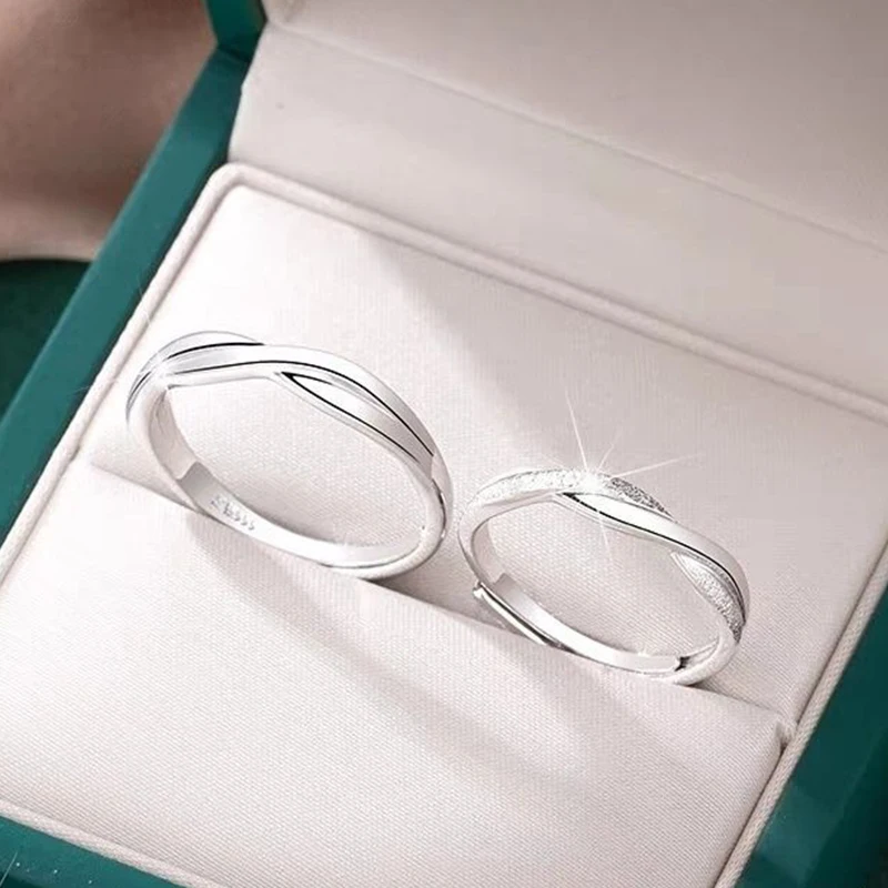 Hot Sale Silver Color Simple Opening Adjustable Finger Ring Couple Rings Set Light Luxury Jewelry For Women Men Anniversary Gift