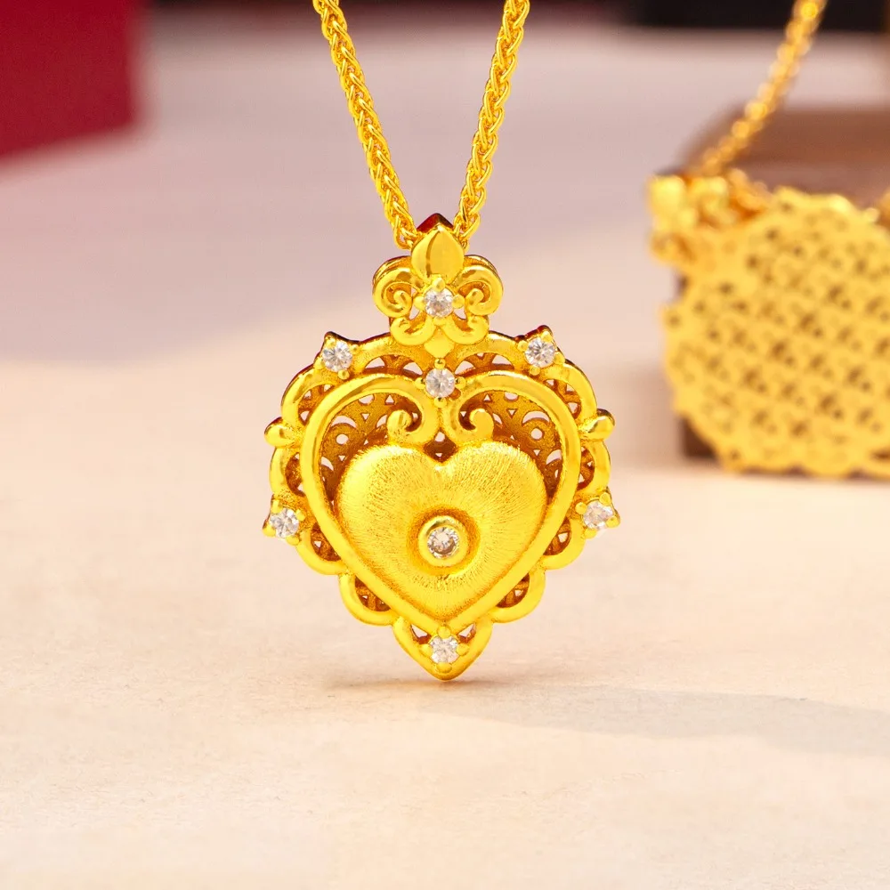 Drawwire point drill heart - shaped pendant for female sweet variety build hollow collarbone chain 9999gold