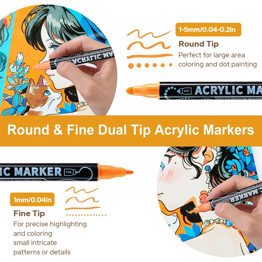 أقلام طلاء أكريليك، مجموعة أقلام طلاء أكريليك ذات طرف مزدوج 12/36/60 لونًا مع طرف فرشاة وأقلام طلاء ذات طرف رفيع #3