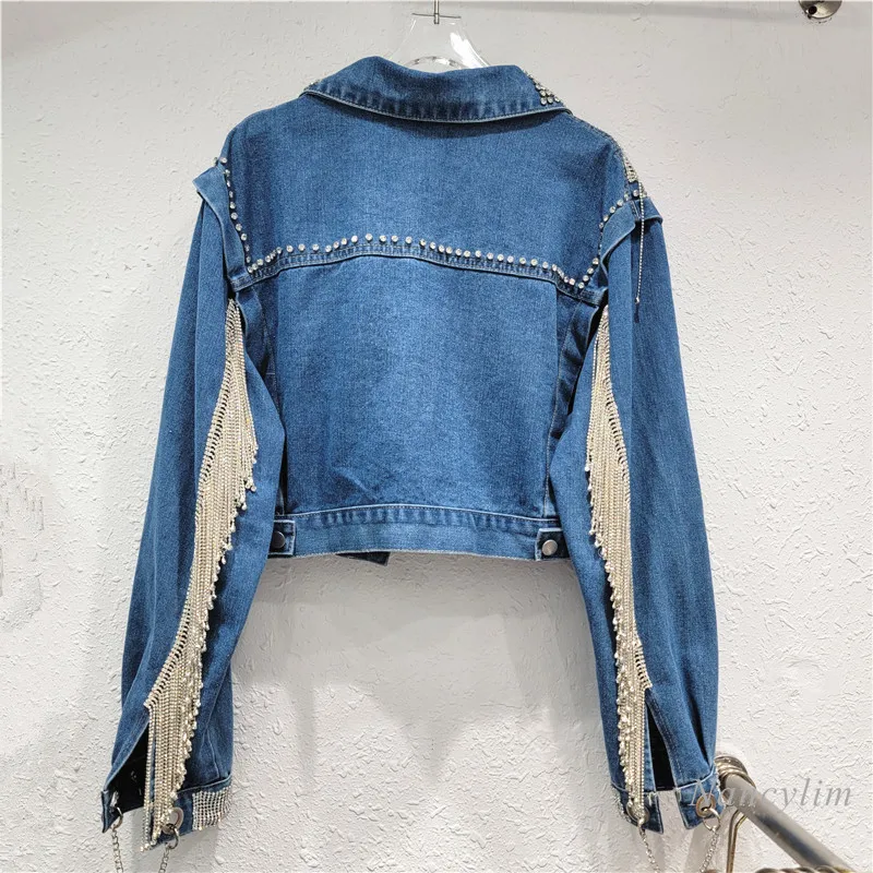 Dames Korte Design Denim Jas 2024 Nieuwe Losse Afslankende Zware Werk Strass Kwastje Handgemaakte Kralen Jean Jasje Mode Top