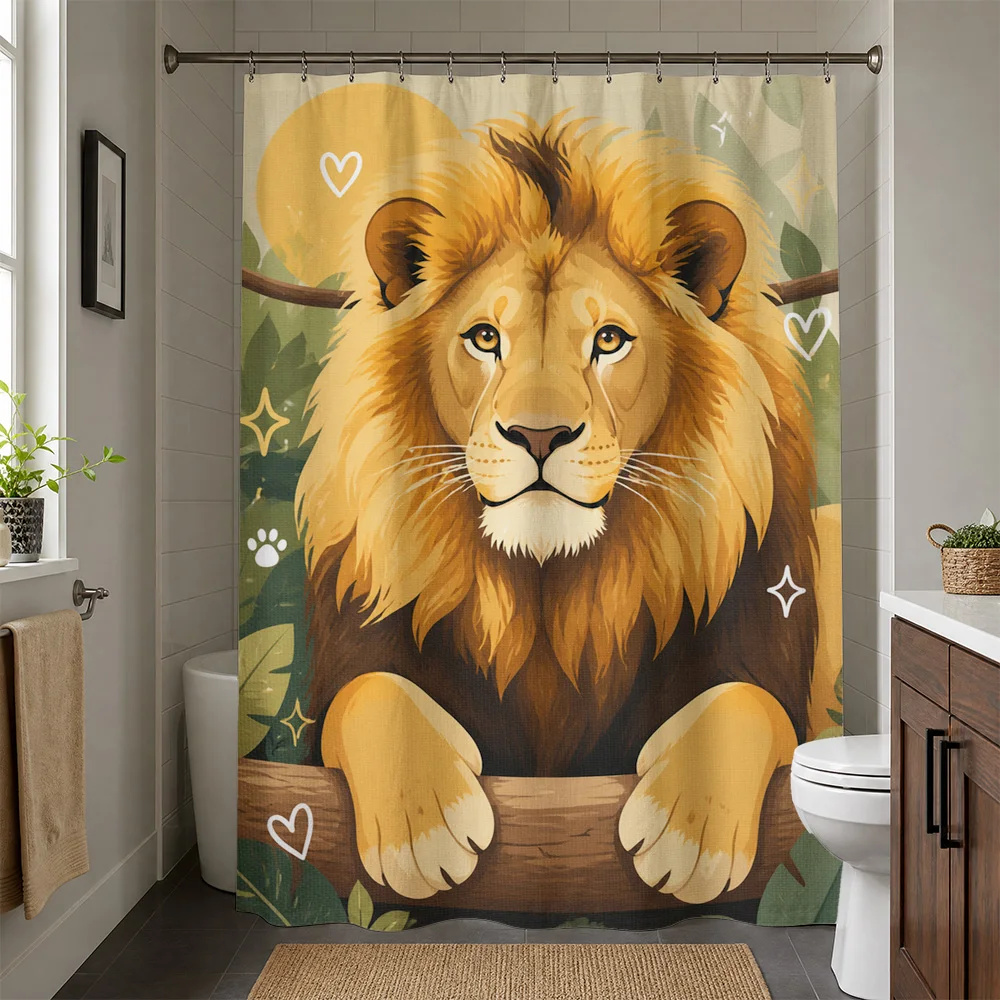 Waterproof Lion Shower Curtain Jungle Animal Print Safari Bathroom Decor Curtain Panel Tropical Wildlife Accent Liner